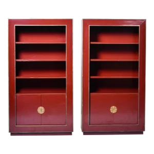 Vintage Red Lacquered Chinoiserie Style Shelf Cabinets With Brass Trim and Hardware - Pair
