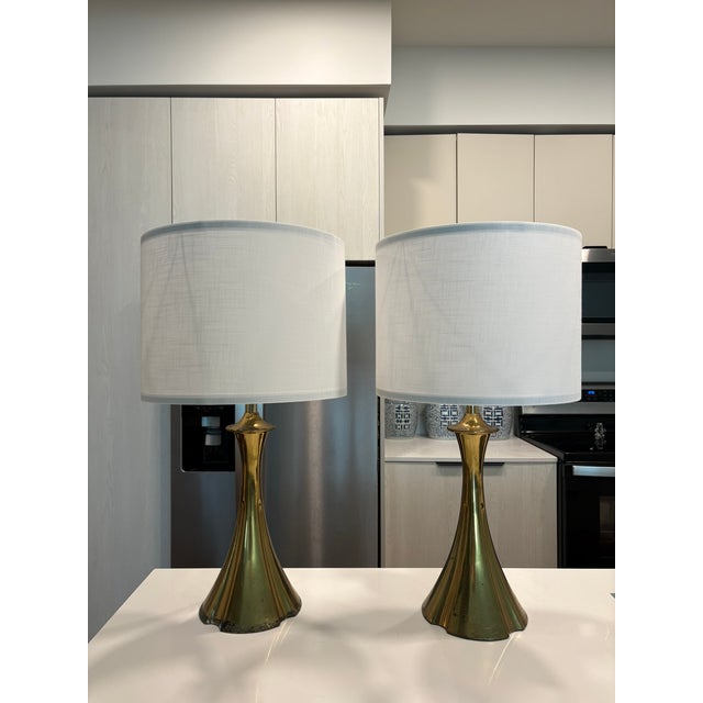 Pair Of Vintage Brass Flared Trumpet Table Lamps Kindly note photo number two (2) is a digital rendering created for...