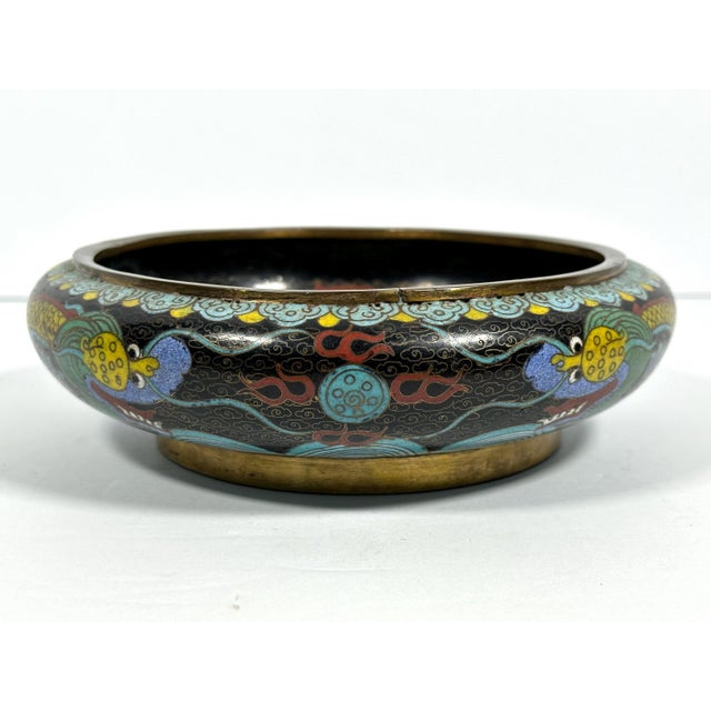 Antique Chinese Cloisonne Bowl: Dragon & Flaming Pearl Design For Sale - Image 4 of 10