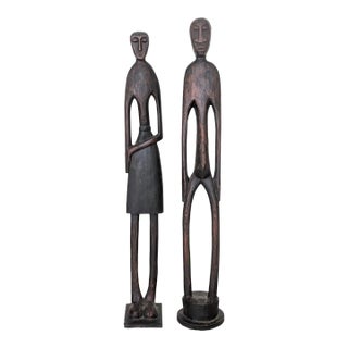 41" Tall Nyamwezi African Man and Woman Figure Carved Wooden Sculptures- a Pair For Sale