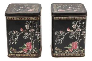Antique French Hand Painted Tole Tea Tins Kitchen Canisters - A Pair