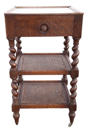 19th Century Jacobean Barley Twist Tiger Oak, Caned and Marble Inset Side Table
