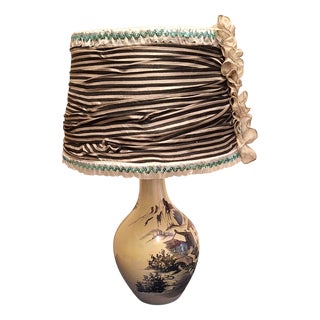 Italian Underglazed Hand-Painted Ceramic Table Lamp with Handmade Fabric Shade, 1970s For Sale