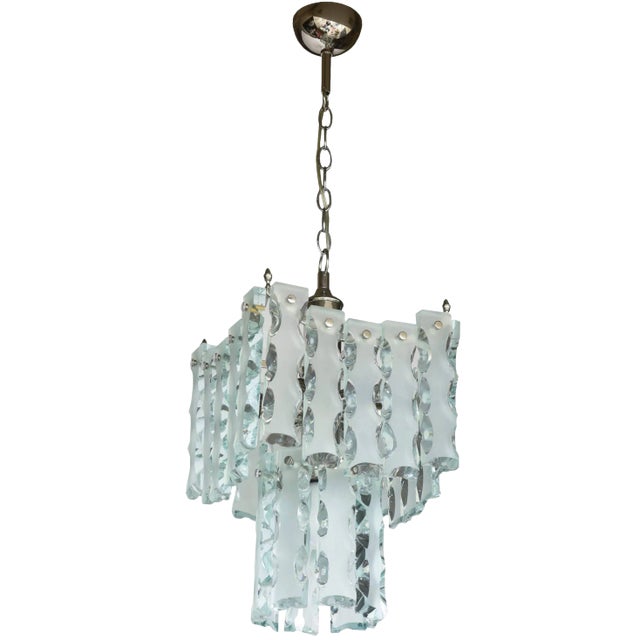1950s Italian Mid-Century Murano Etched Glass Pendant Chandelier For Sale