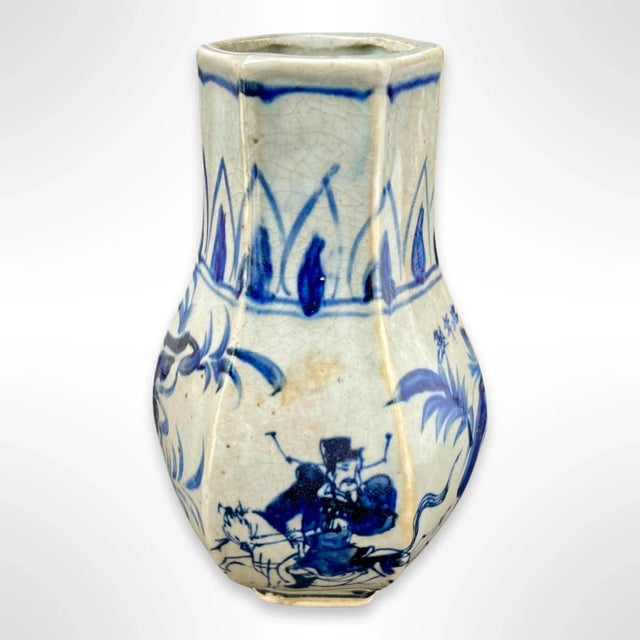Chinese Antique Chinese Blue & White Ceramic Hexagon Vase For Sale - Image 3 of 8