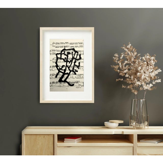 2020s Framed Original Drawings 'Black and White Floral Abstractions on Vintage Music Score Sheets' #2 - Wall Gallery Installation - Set of 3 For Sale - Image 5 of 10