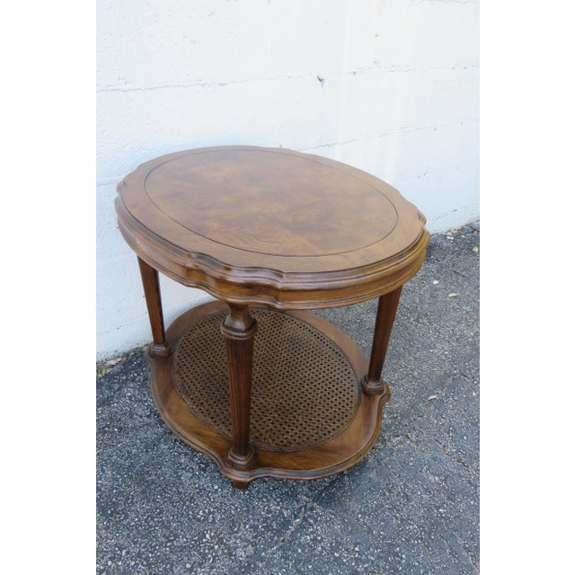 Brown Ethan Allen French Two Tiers Oval Caned End Side Tables a Pair For Sale - Image 8 of 12