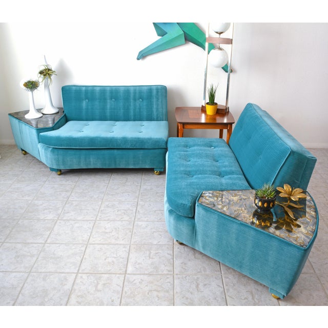 Mid Century Modern 2 Piece Sectional Sofa With Built in Mirrored Tables