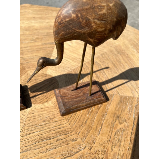 Asian 1970s Wood and Brass Cranes - Set of 2 For Sale - Image 3 of 6