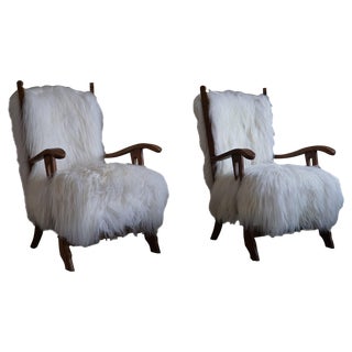 Armchairs in Oak & Longhaired Icelandic Sheepskin by Henning Kjærnulf, 1950s, Set of 2 For Sale