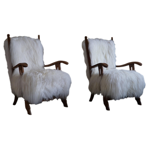 Armchairs in Oak & Longhaired Icelandic Sheepskin by Henning Kjærnulf, 1950s, Set of 2