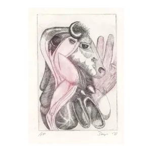 1973 John Doerper Surreal Etching With Animals Head