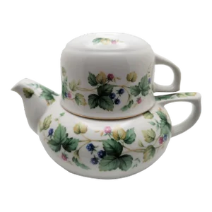 1960's Berries and Leaves Design Porcelain Tea Pot With Lid and Cup