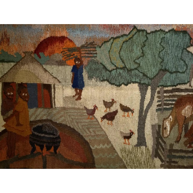 Vintage African Tapestry, Handwoven Wool, Village Life Scenes, Ivory & Blue, 4x5 For Sale In Chicago - Image 6 of 10