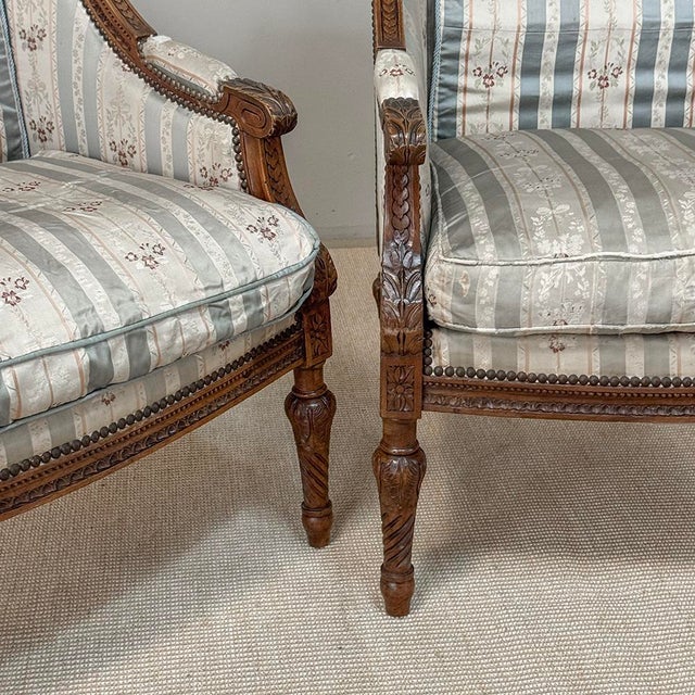 Pair 19th Century French Louis XVI Walnut Bergères ~ Armchairs For Sale - Image 16 of 17