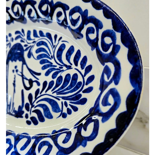 Mid 20th Century Mid 20th Century Anfora Mexico Blue and White Hand‑Painted Talavera‑Style Oval Platter For Sale - Image 5 of 8