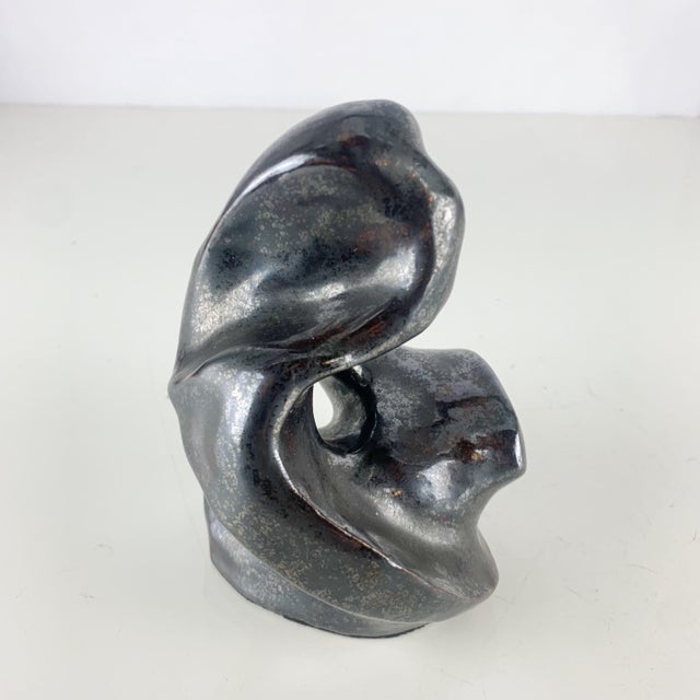Vintage Black Bronze Art Pottery Abstract Clay Sculpture Mid Century Modern MCM For Sale - Image 4 of 8
