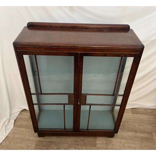 1930s 1930s Art Deco China Cabinet Curio Locking Double Door Two Glass Shelves For Sale - Image 5 of 12
