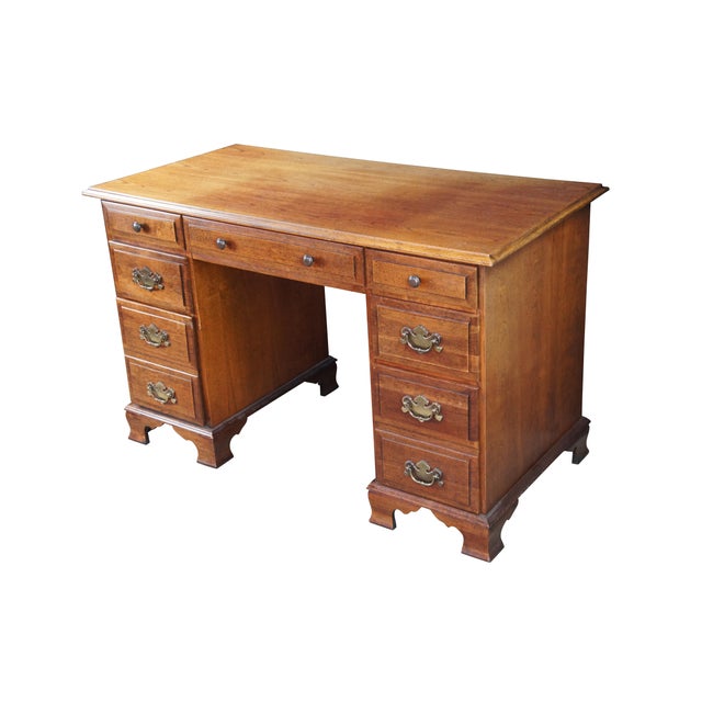 American 1970s Mid Century Cherry American Colonial Style Kneehole Office Writing Desk 47" For Sale - Image 3 of 12