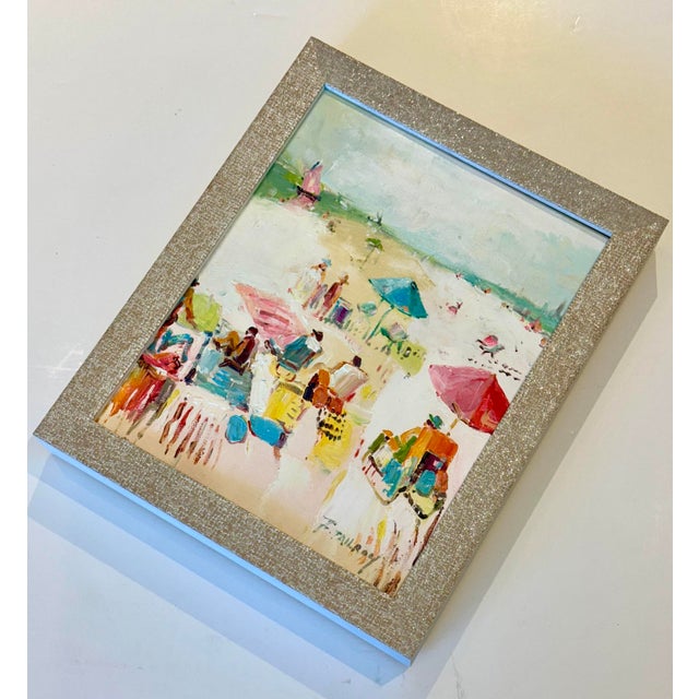 Original oil painting by the artist Tailroy, 2024. An impressionistic beach painting filled with soft blues, warm sand...