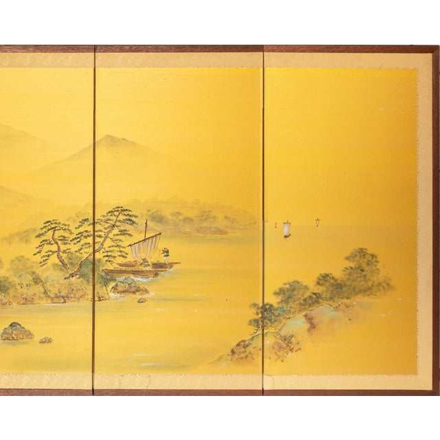 Japanese C. 1960s "Landscape With River and Boats", Showa Era Japanese Painted Silk Byobu Screen For Sale - Image 3 of 18