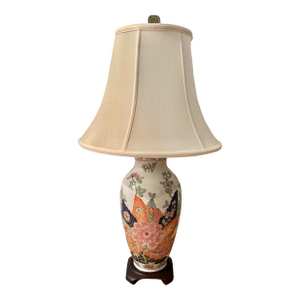 Vintage Tobacco Leaf Chinoiserie Porcelain Lamp With Double Happiness Finial and Ming Style Base - Shade Included