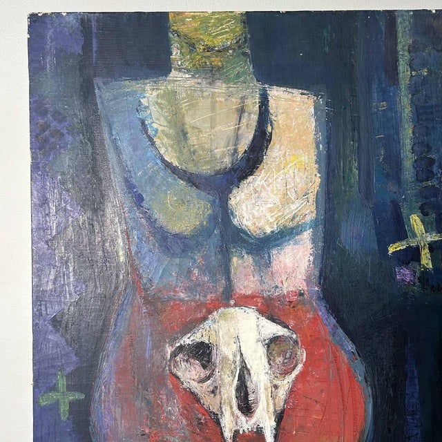 This decorative oil painting combines a symbolist expressive style with subtle cubist influences. Dimensions: Height 86...