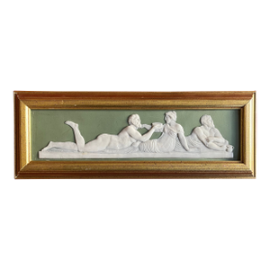 Antique Early 19th Century Wedgwood Sage Green Jasperware Framed Wall Plaque - "Roman Banquet" Circa 1800