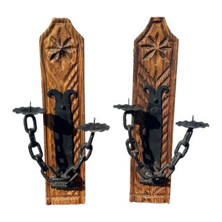 Vintage Spanish Brutalist Carved Wood and Metal Chain Wall Candle Sconces - a Pair For Sale
