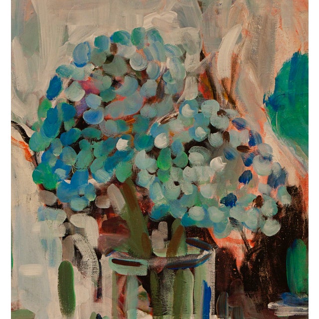 A bit of Nantucket in a frame! Wonderfully charming original hydrangea oil painting presented in an exceptional silver...