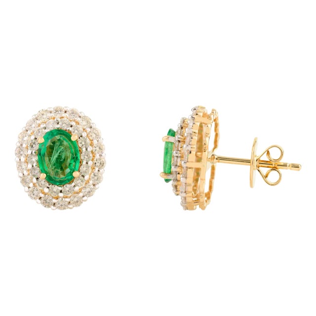 18k Double Halo Natural Emerald Green Stud Earrings- A Pair For Sale