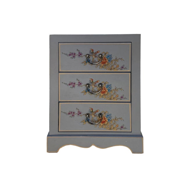 Wood Chinese Mid Gray Vinyl Flower Birds 3 Drawers End Table Nightstand For Sale - Image 7 of 7
