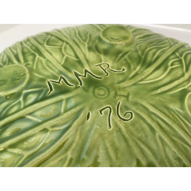 Green 1970s Vintage Green Cabbage Leaf Footed Serving Bowl Handmade Signed For Sale - Image 8 of 9