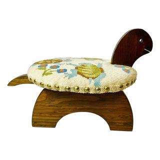 1970s Vintage Arts & Crafts Coastal Folk Art Needlepoint Cushion & Pine Turtle Footstool. For Sale
