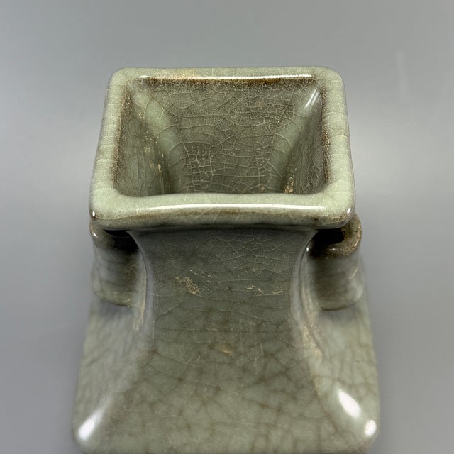 Antique Chinese Guan‑Style Crackle Glaze Square Vase, Double Ear Handles For Sale - Image 4 of 7
