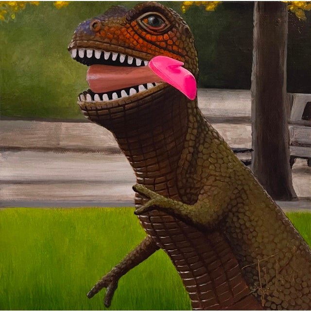 A Walk in the Park by Josh Talbott | Acrylic on Canvas Dinosaur in a park setting. For Sale - Image 4 of 4