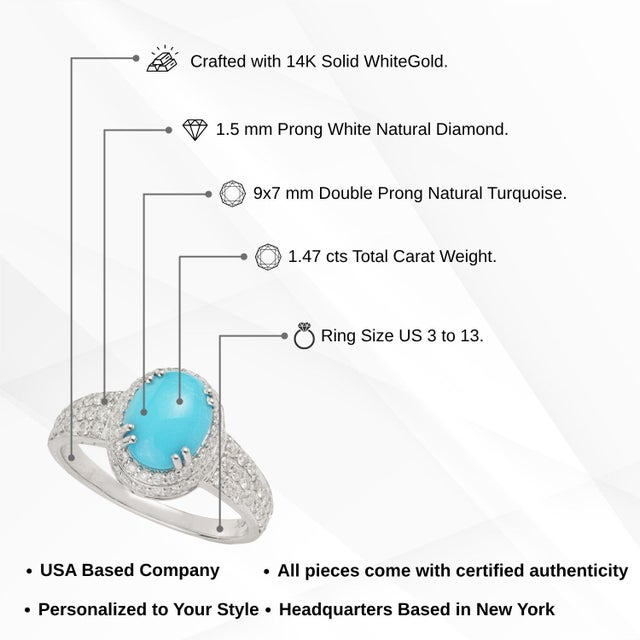 Statement 1.47 Carat Turquoise & Diamond Halo Cocktail Ring Size 4 in 14k White Gold For Sale - Image 12 of 16