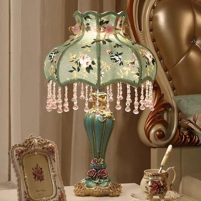 Light green floral fabric shade (with lace trim + pink bow), paired with lake blue carved lamp body (3D roses + pink...