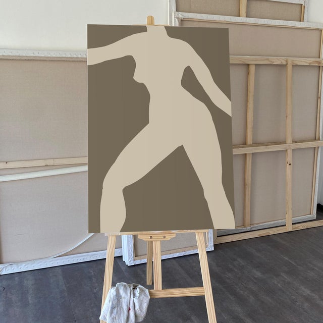 "Dance", 2024. Set of two artworks. Acrylic on canvas, 70x100cm Abstract female figure, light beige form on khaki green...