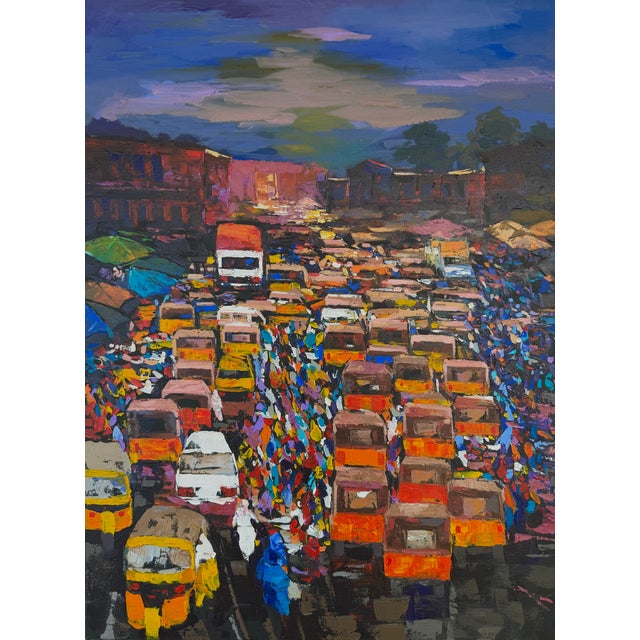 A Thousand Daily Journeys. Oil on Canvas, Palette Knife, City, Street, Unique Painting by Godfrey Afebuame For Sale