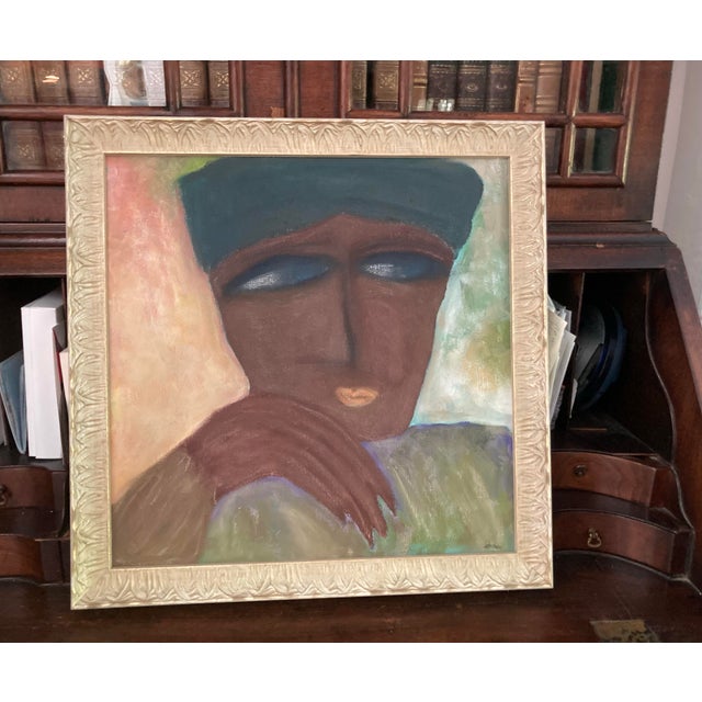 2020s Original Framed Acrylic Painting of Pensive Lady in Blue Hat - Signed For Sale - Image 5 of 5