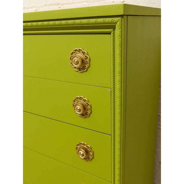 Wood Vintage Chartreuse Highboy Dresser With Ornate Brass Rosette Pulls For Sale - Image 7 of 12