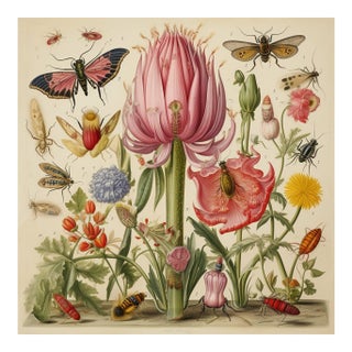 20" X 20" 'Insects and Flowers' Botanical Print, Unframed For Sale