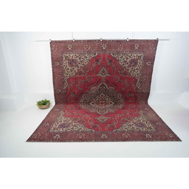 Textile 1970s Vintage Persian Handmade Wool 10x12 Red Area Rug For Sale - Image 7 of 11