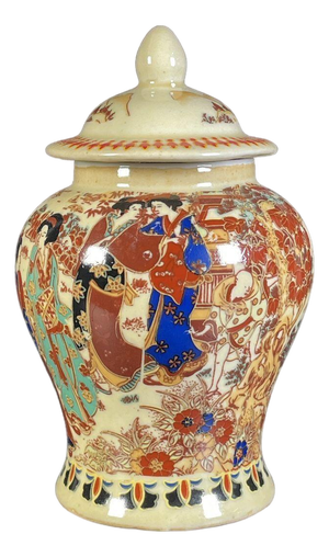 Japanese Satsuma Lidded Ginger Jar, Hand Decorated Geisha Bijin Scene, Small Ceramic Canister