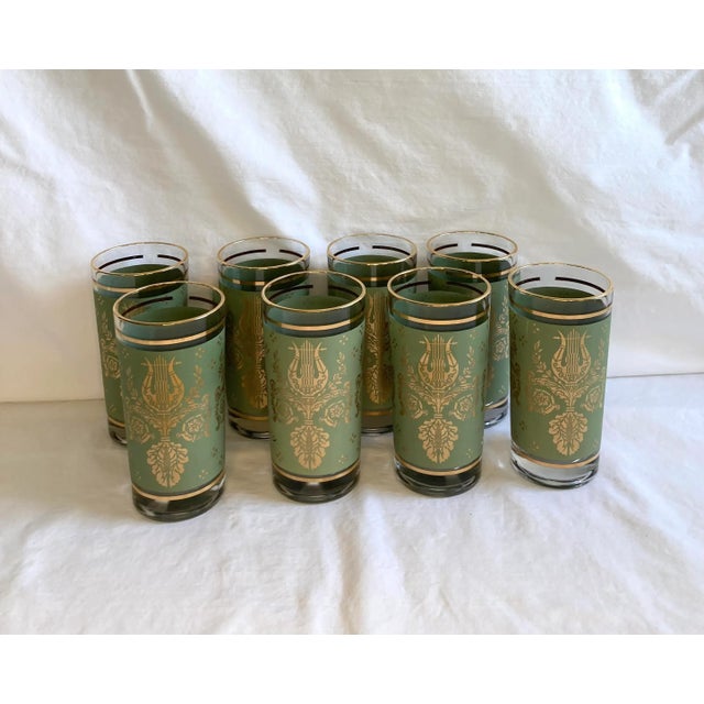 Gorgeous Vintage Jeanette Glass Green and Gold Laurel and Lyre Cocktail Glasses. Set of 8. No chips or cracks. MCM. Retro....