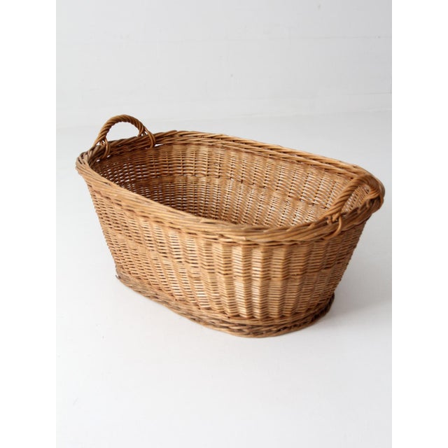 Wood Antique Wicker Laundry Basket With Handles For Sale - Image 7 of 12