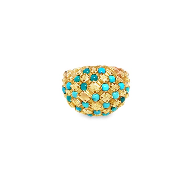 Mid 20th Century 18k Yellow Gold Vintage Turquoise Studded Ring, Size 5.5 For Sale In New York - Image 6 of 10