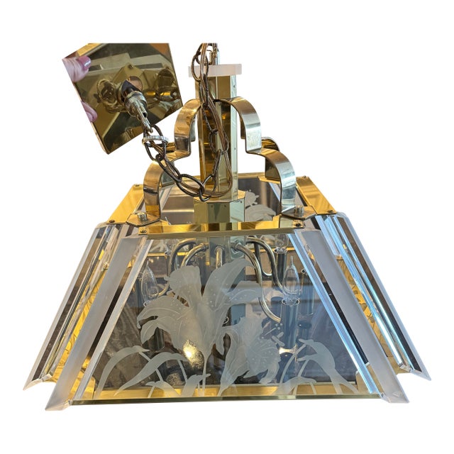 1986 Art Deco Fredrick Ramond Glass Brass Chandelier For Sale