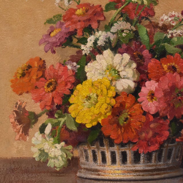 Maurice Alfred Decamps, Art Deco Still Life with Zinnias and Gerberas, Oil on Canvas, 20th Century, Framed For Sale - Image 4 of 11